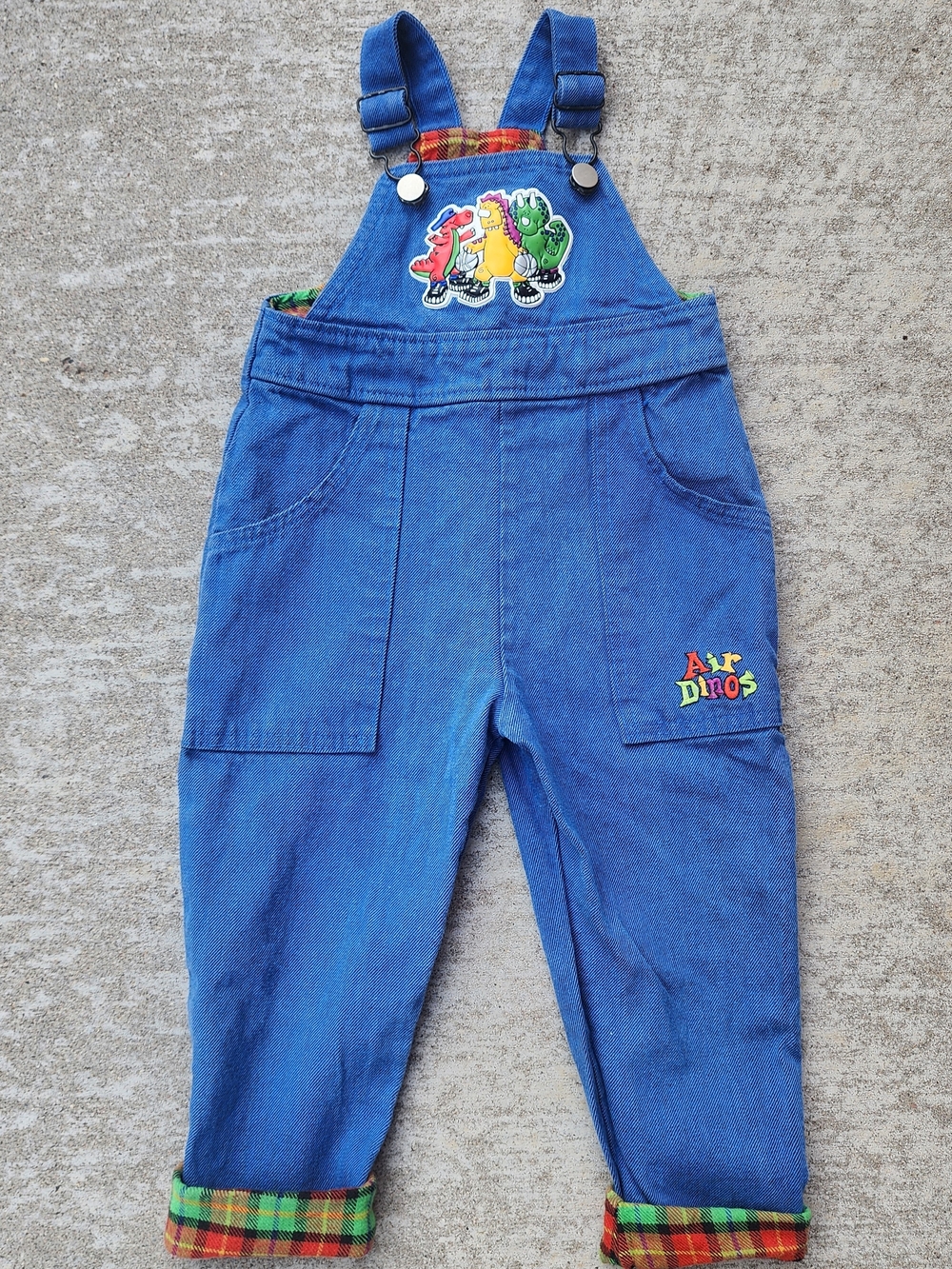 Vintage Buster Brown Blue Denim Plaid Multi-color Air Dinos Bib Overalls, Sz 2T